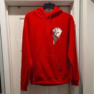 Red Men's Hooded Sweatshirt with Playing Card Skeleton Graphic